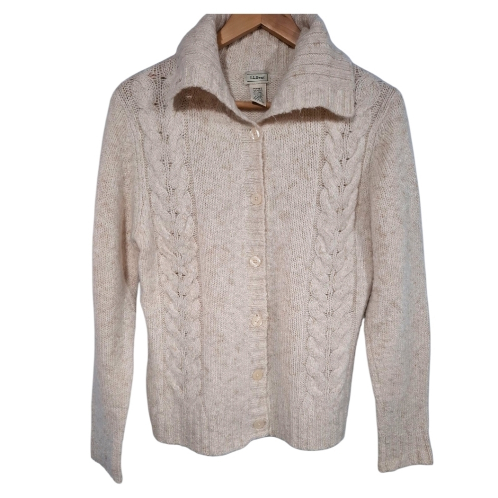 LL Bean Womens Beige Cardigan Sweater Wool Blend Cottagecore Medium Cable Knit